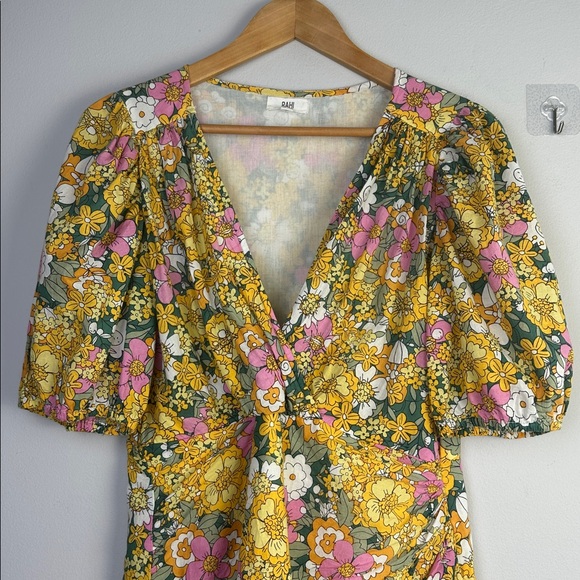 RAHI The Petra Dress Puff Sleeve Ruched Fauxed Wrap Ruffle Floral Cotton Large - Picture 4 of 16